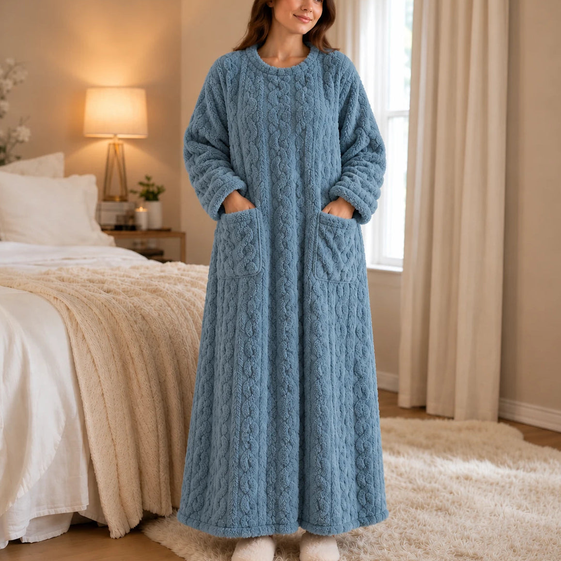 Women's Long Velvet-Look House Dress in blue, Warm Coral Comfort