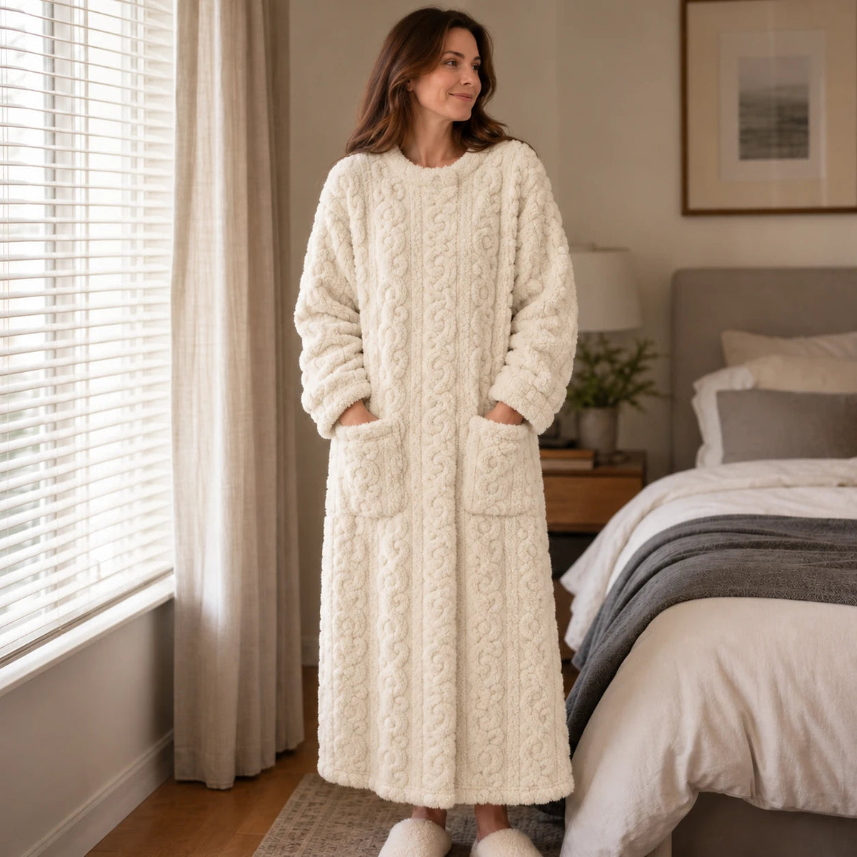 Women's Long Velvet-Look House Dress - Warm Coral Comfort