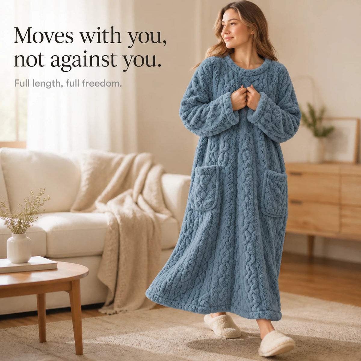 Women's Long Velvet-Look House Dress - Warm Coral Comfort