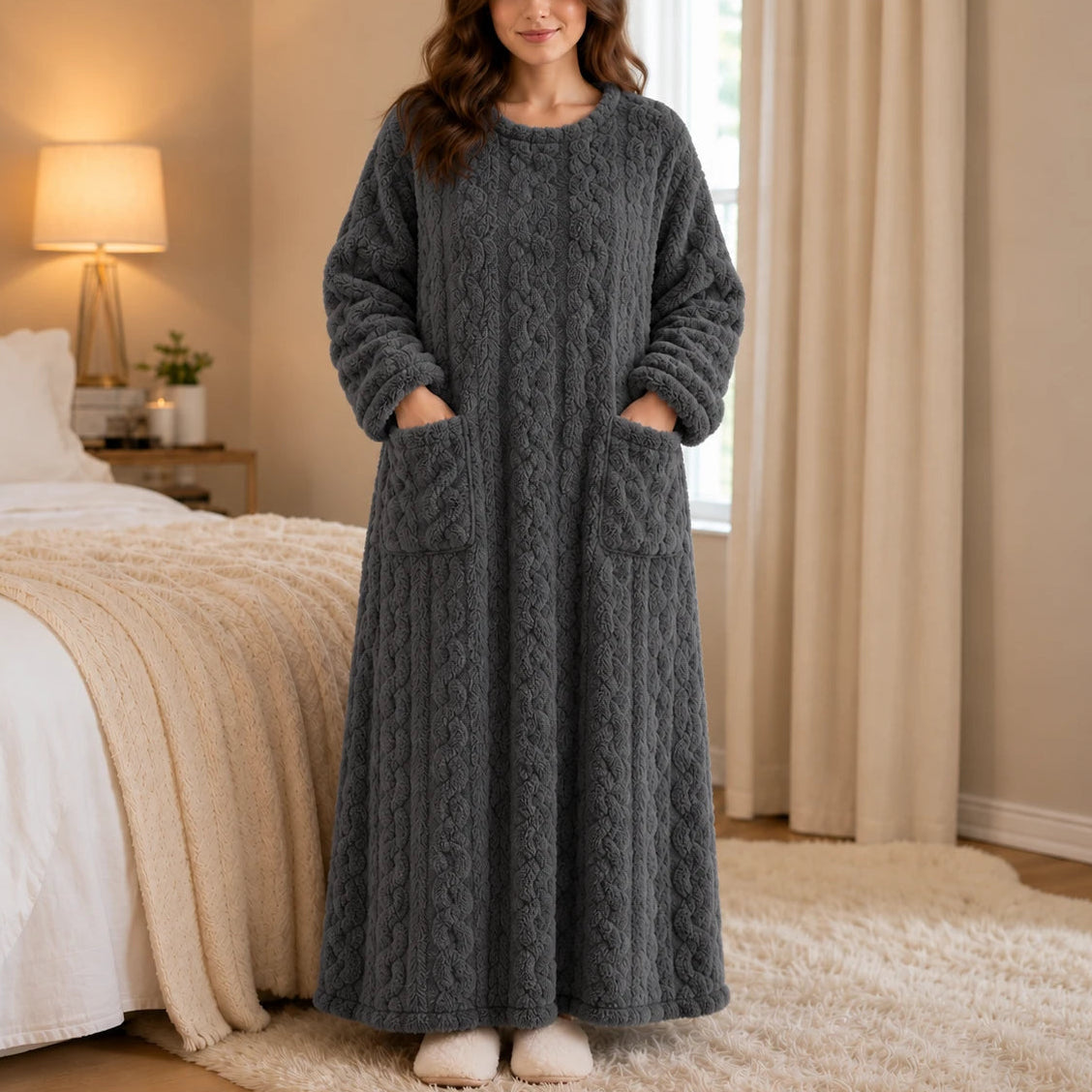 Women's Long Velvet-Look House Dress in grey, Warm Coral Comfort