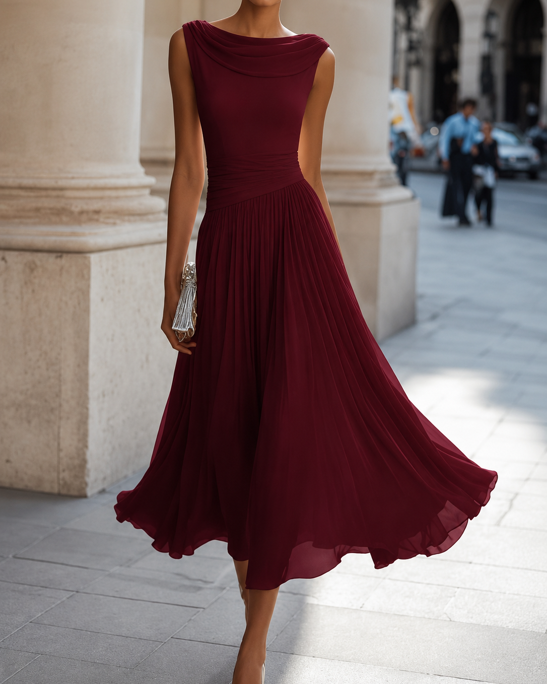 Women's Midi Dress with Cowl Neckline in bordeaux, Elegant Draped Design