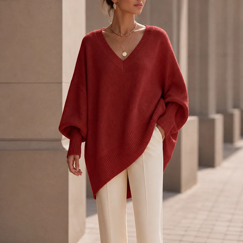 Women's Oversized V-Neck Knit Sweater in burgundy, Relaxed Fit