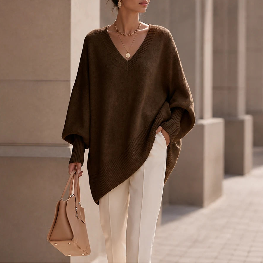 Women's Oversized V-Neck Knit Sweater in coffee, Relaxed Fit