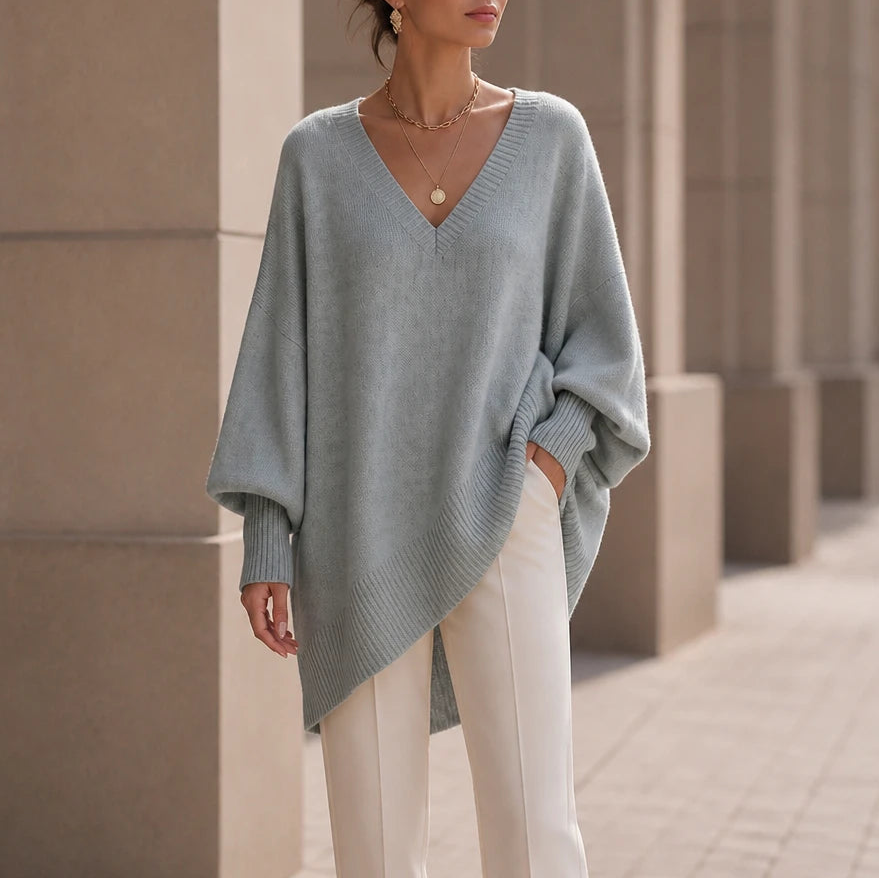 Women's Oversized V-Neck Knit Sweater in light grey, Relaxed Fit
