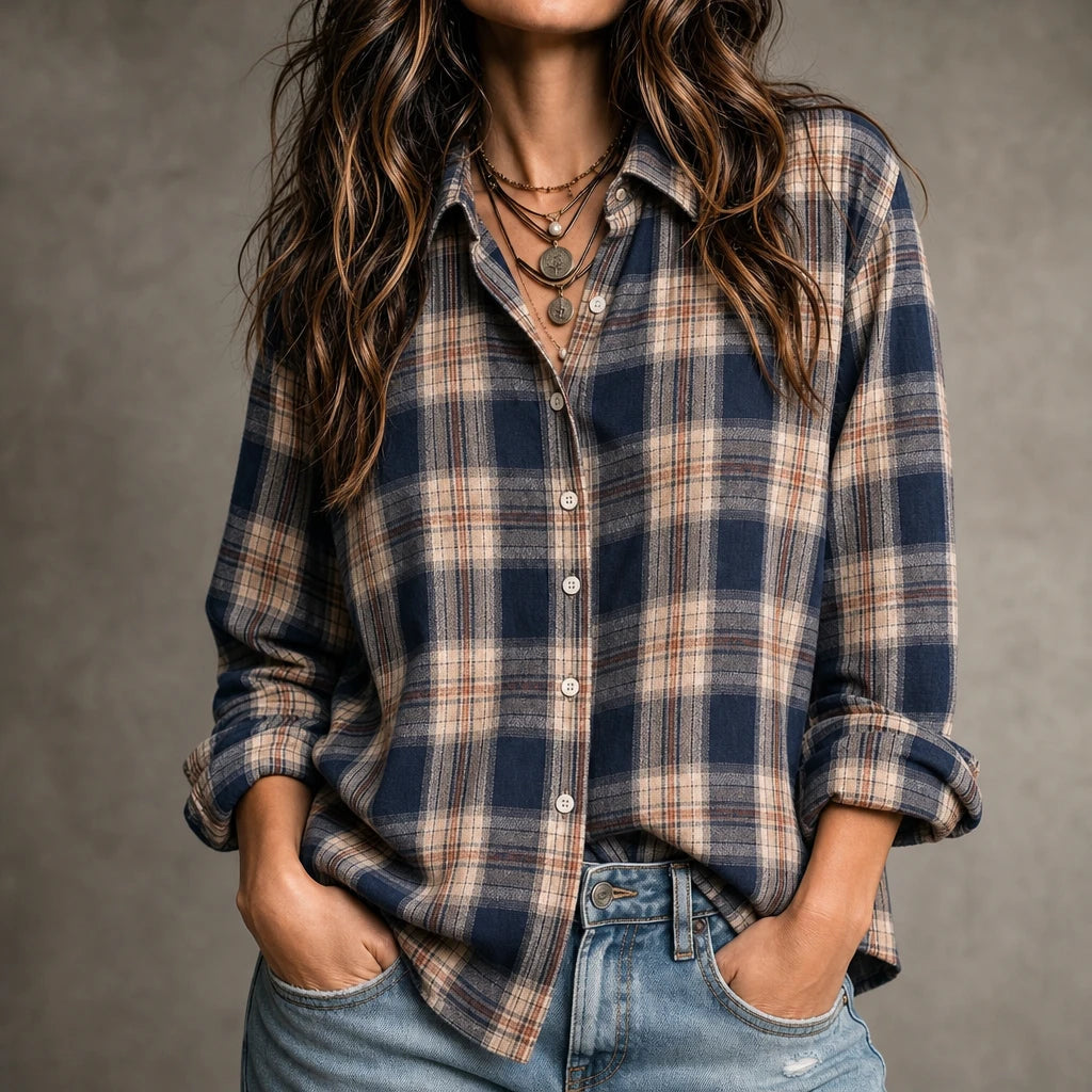 Women's Plaid Button-Front Blouse in blue, Relaxed Hip-Length