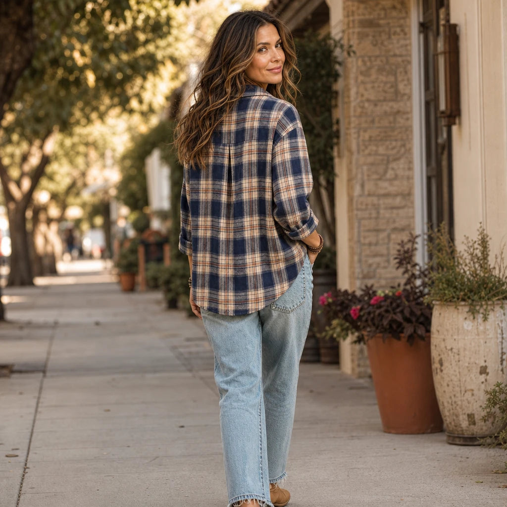 Women's Plaid Button-Front Blouse - Relaxed Hip-Length