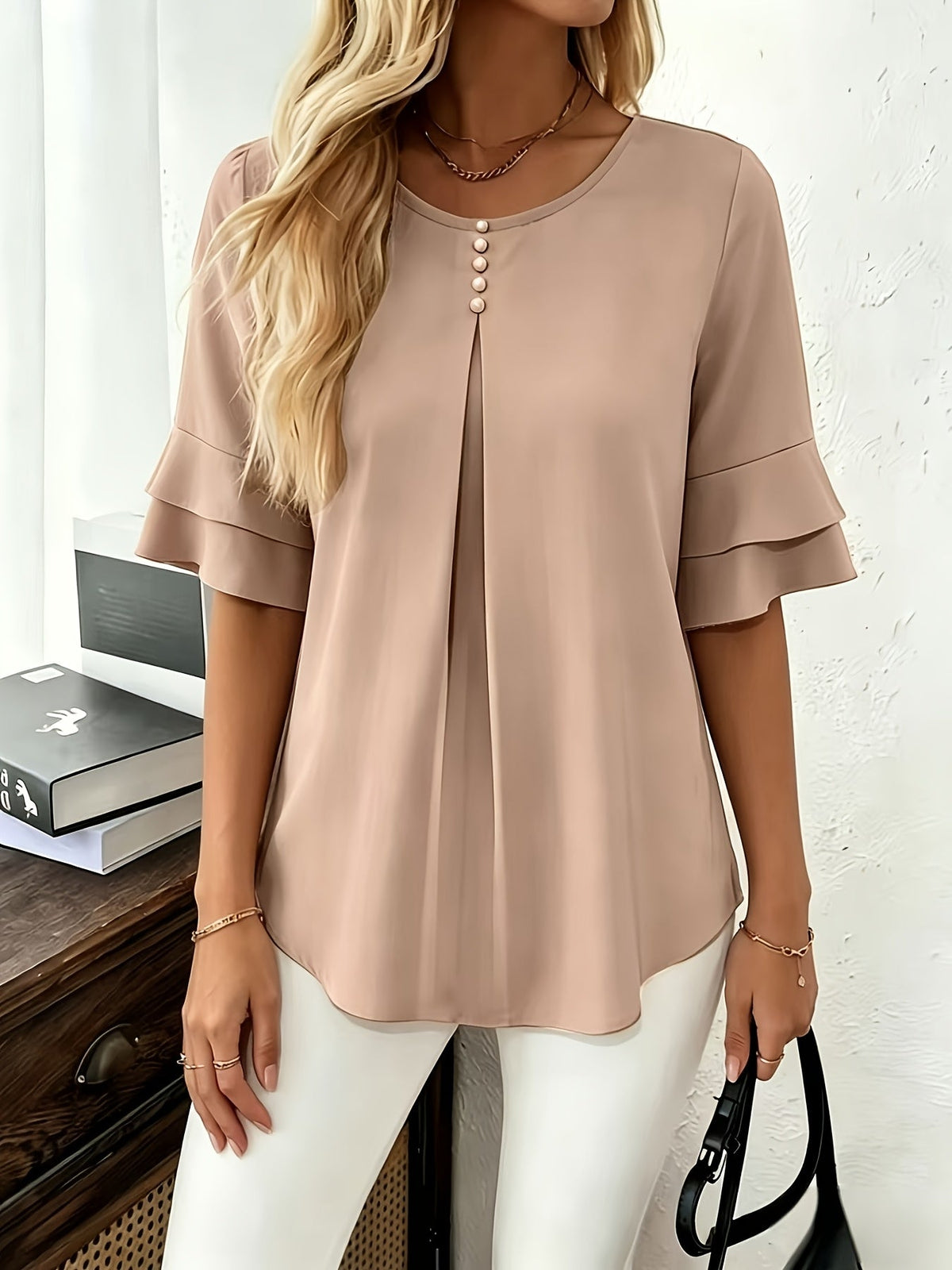 Women's Pleated Flared-Sleeve Blouse - Elegant Everyday