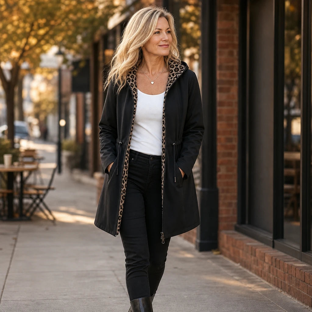 Women's Reversible Leopard Print Hooded Jacket - Two-Way Style