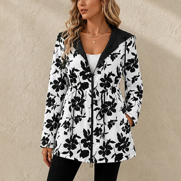 Women's Reversible Leopard Print Hooded Jacket in floral print, Two-Way Style