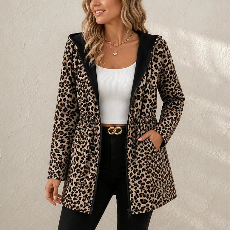 Women's Reversible Leopard Print Hooded Jacket in leopard print, Two-Way Style