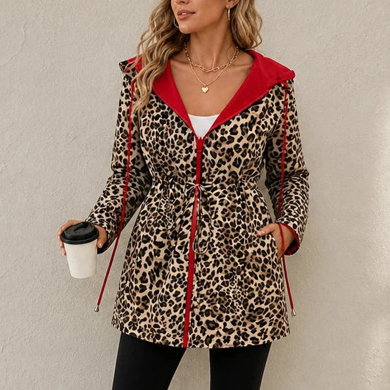 Women's Reversible Leopard Print Hooded Jacket in red, Two-Way Style