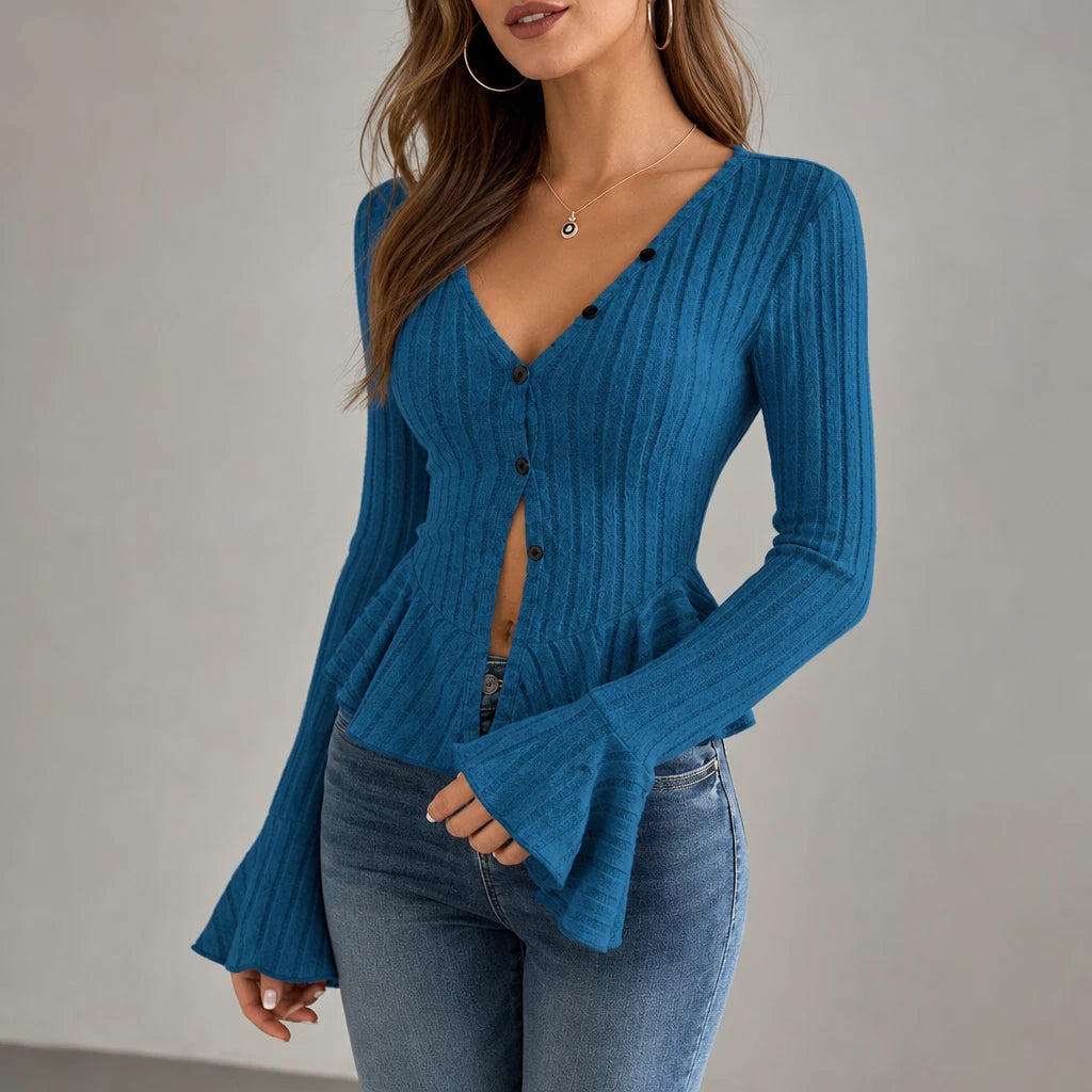 Women's Ribbed V-Neck Peplum Top - Casual Hip-Length Blouse