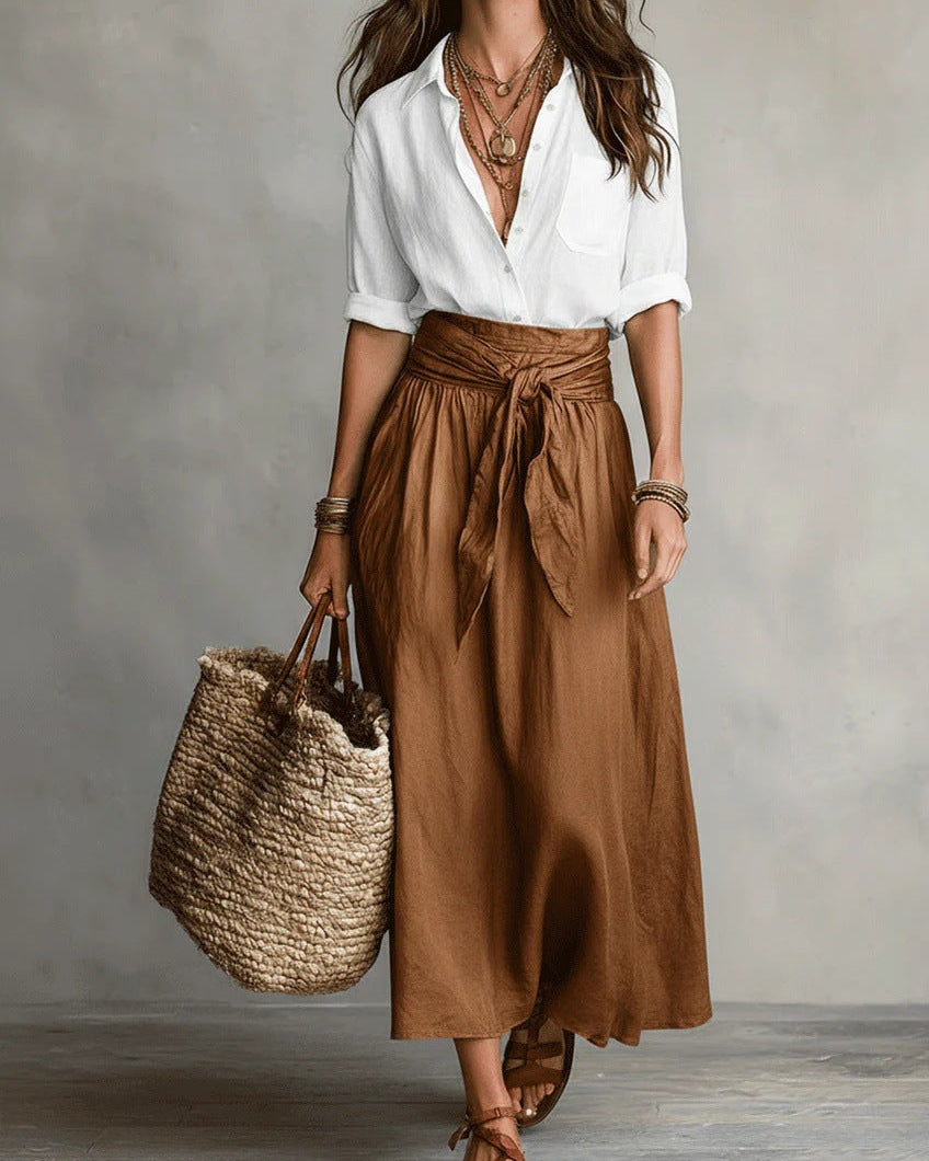 Women's Shirt & Midi Skirt Co-ord Set in brown, Black & Olive