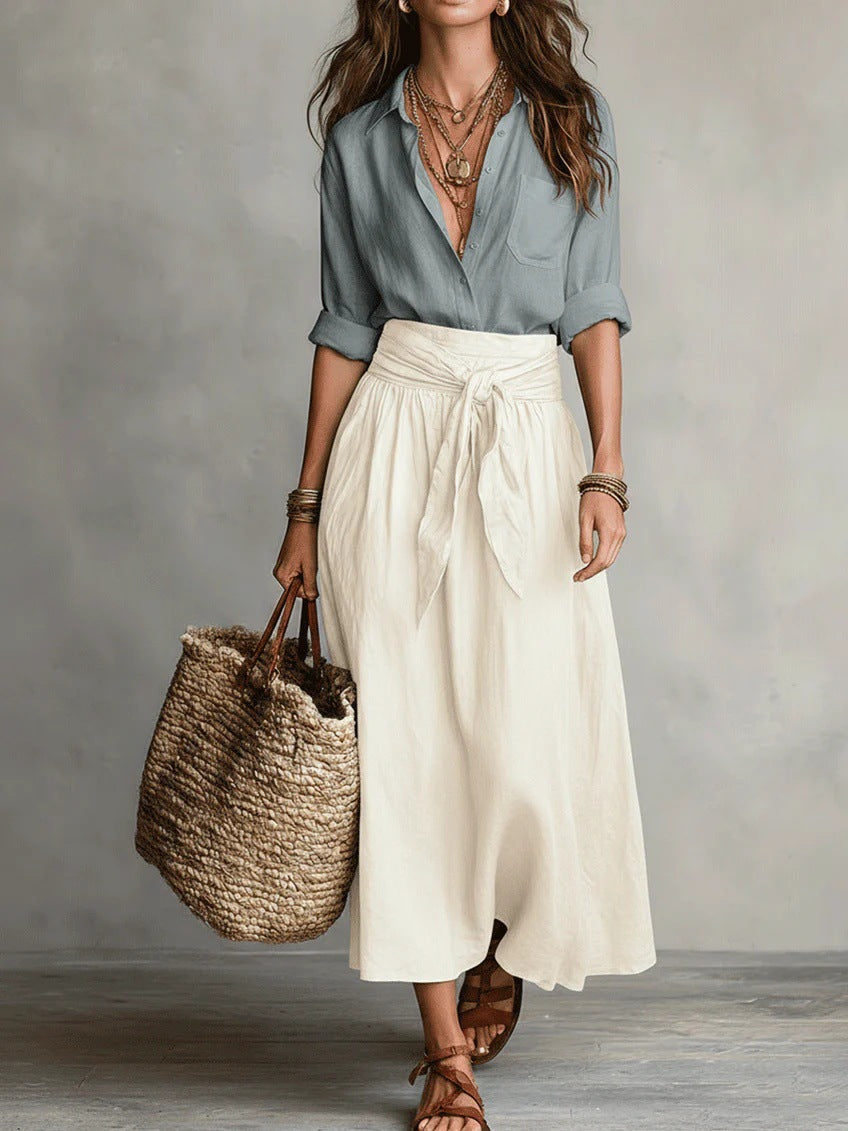 Women's Shirt & Midi Skirt Co-ord Set in light blue, Black & Olive