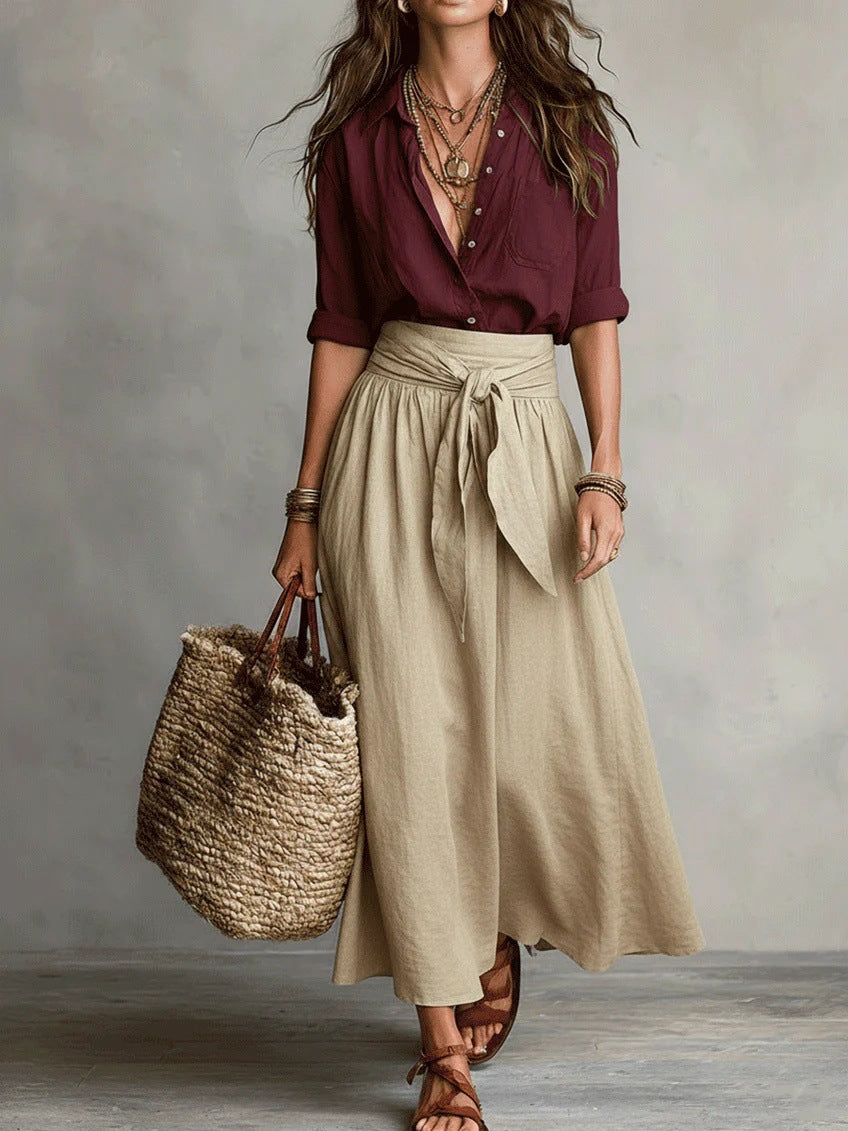 Women's Shirt & Midi Skirt Co-ord Set in red, Black & Olive
