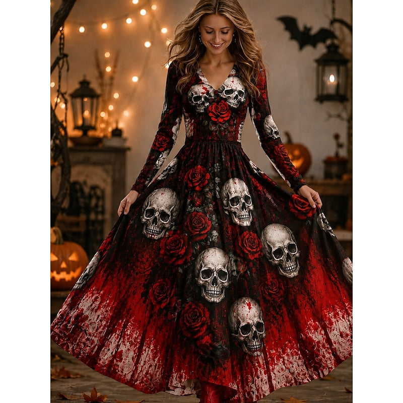 Women's Skeleton Rose Print Maxi Dress in wine, Gothic Halloween