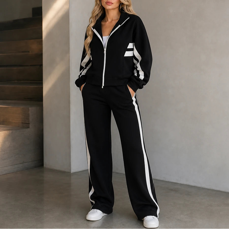 Women's Striped Lounge Set in black, Relaxed Two-Piece