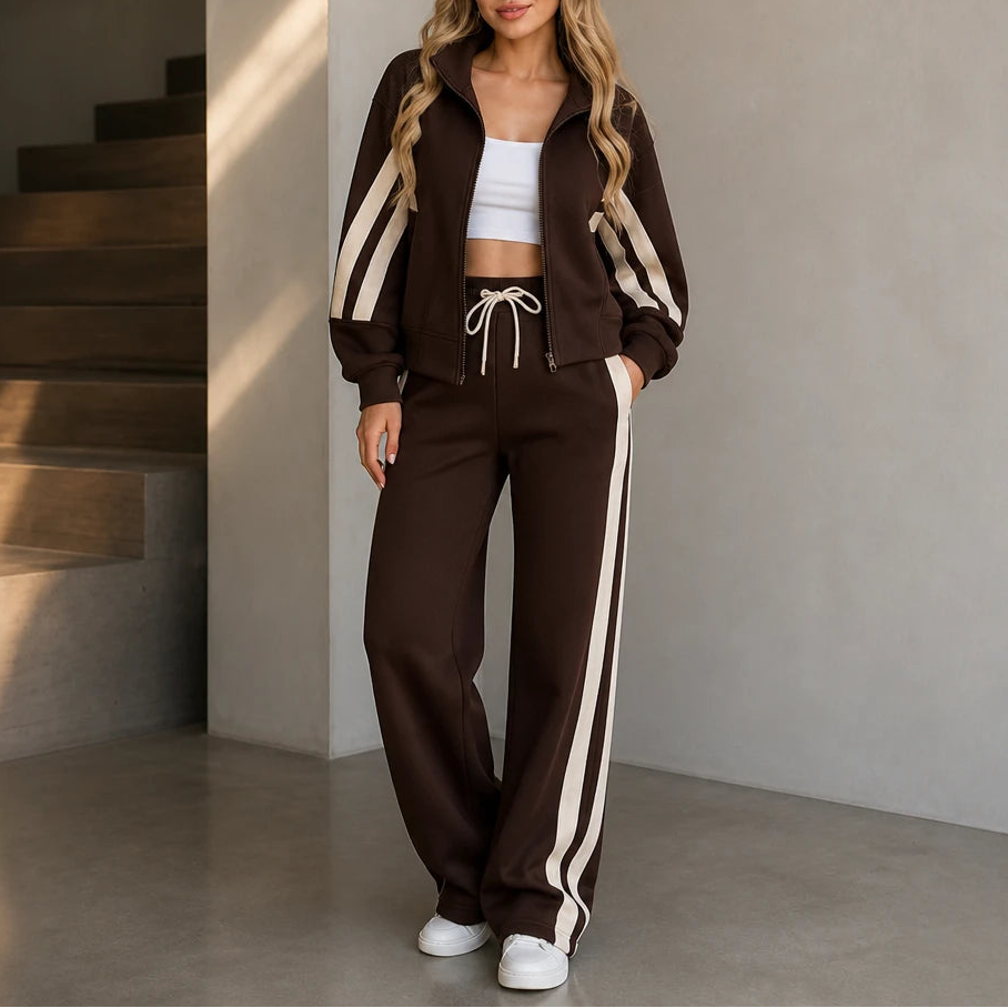 Women's Striped Lounge Set in dark brown, Relaxed Two-Piece
