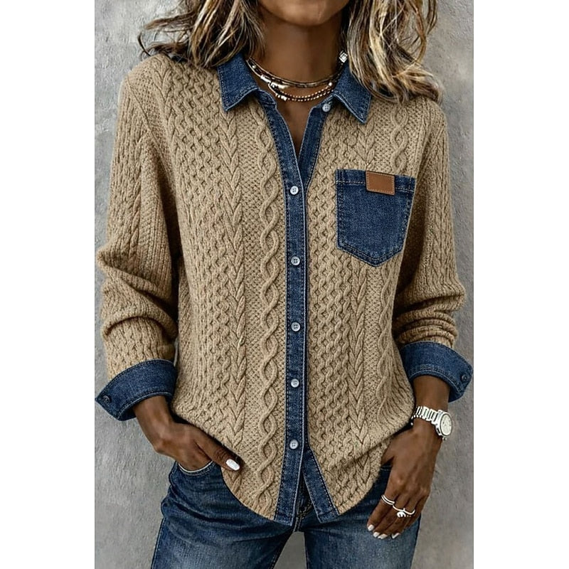 Women's Textured Contrast Shirt in khaki, Elegant Everyday Wear