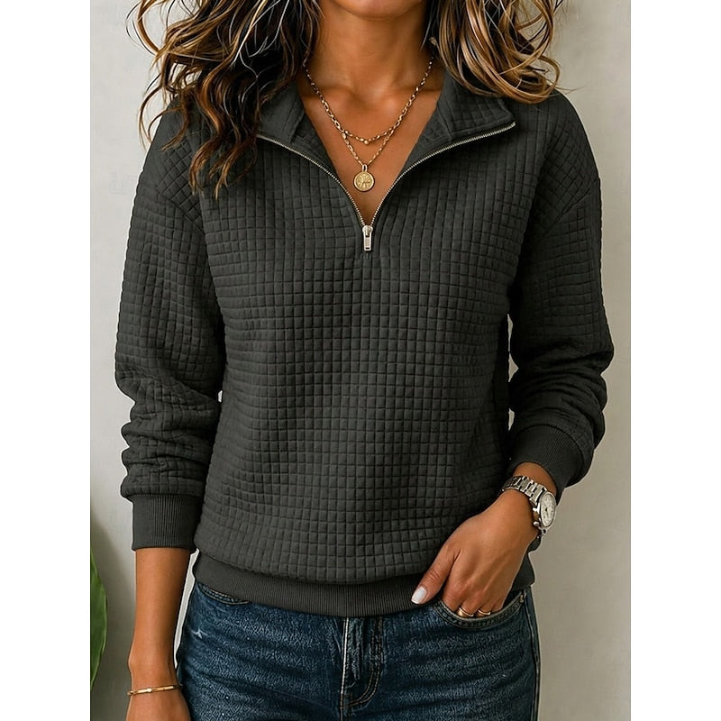Women's Textured Quarter-Zip Pullover in black, Elegant Stand Collar