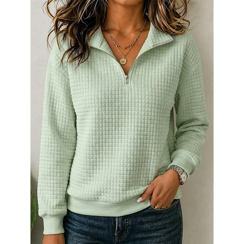 Women's Textured Quarter-Zip Pullover in light green, Elegant Stand Collar