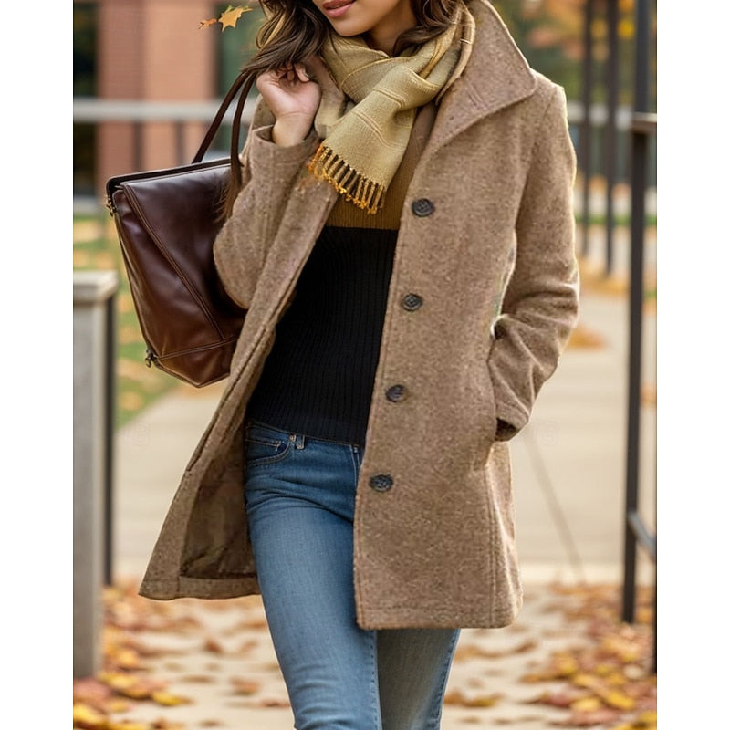 Women's Turndown Collar Coat in khaki, Classic Button-Front