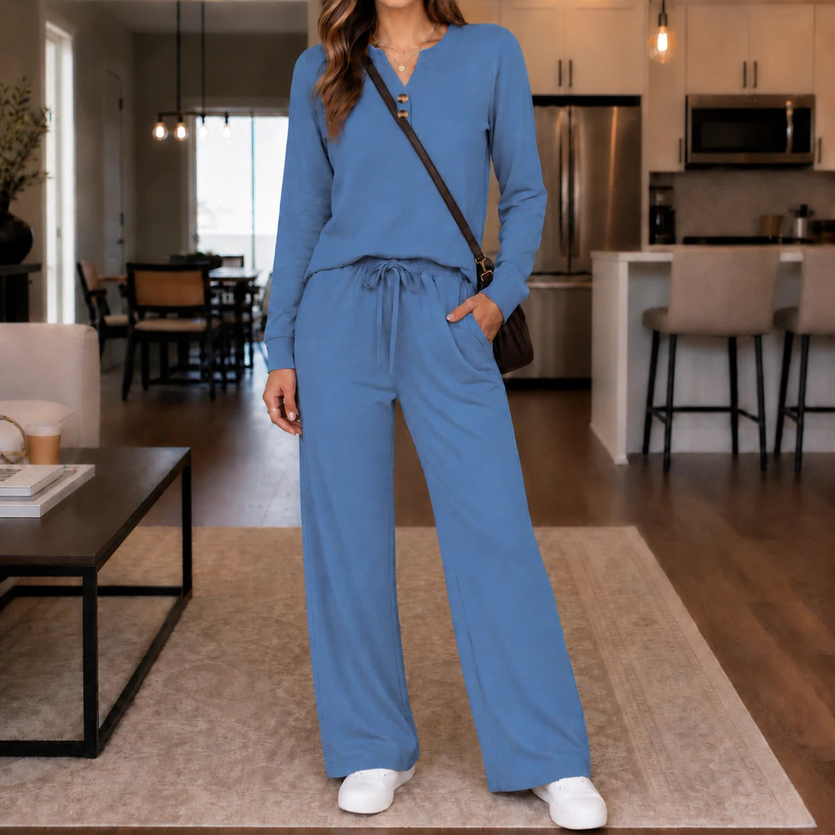 Women's Wide-Leg Lounge Set in blue, Relaxed Top & Pants