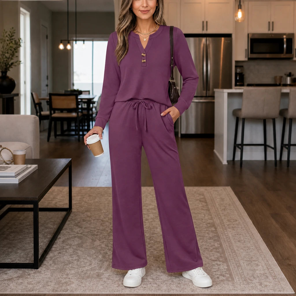 Women's Wide-Leg Lounge Set in mauve purple, Relaxed Top & Pants