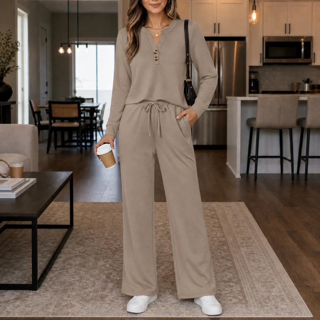 Women's Wide-Leg Lounge Set in taupe, Relaxed Top & Pants