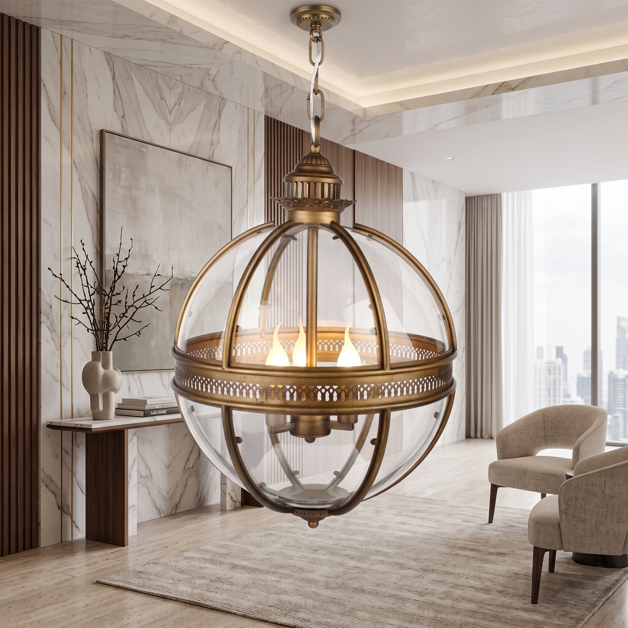 Hanging chandelier light with globe shades