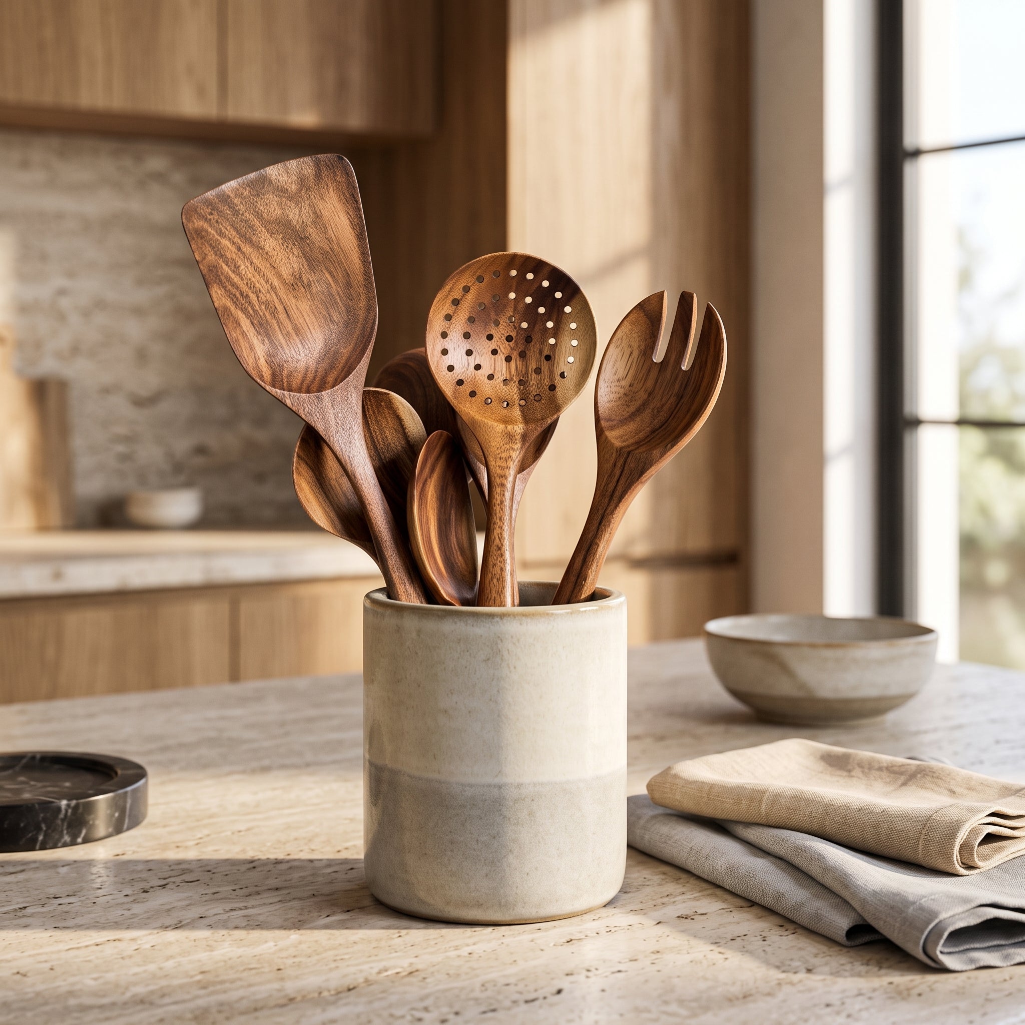 Wooden Kitchen Utensil Set with Holder