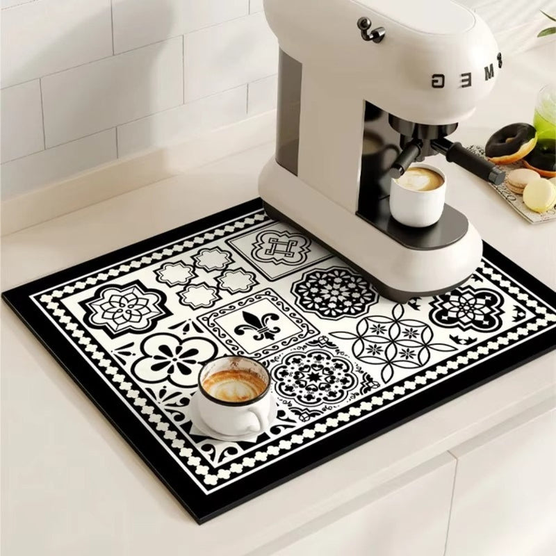 Kitchen dish drying mat with decorative pattern - onyx pearl
