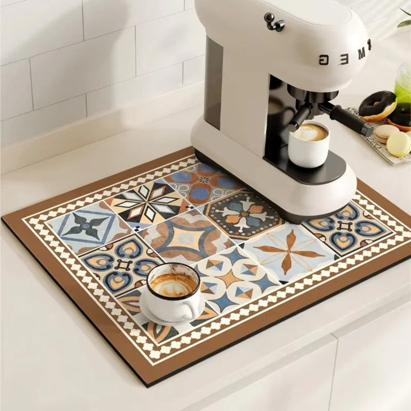 Kitchen dish drying mat with decorative pattern - brown multicolour
