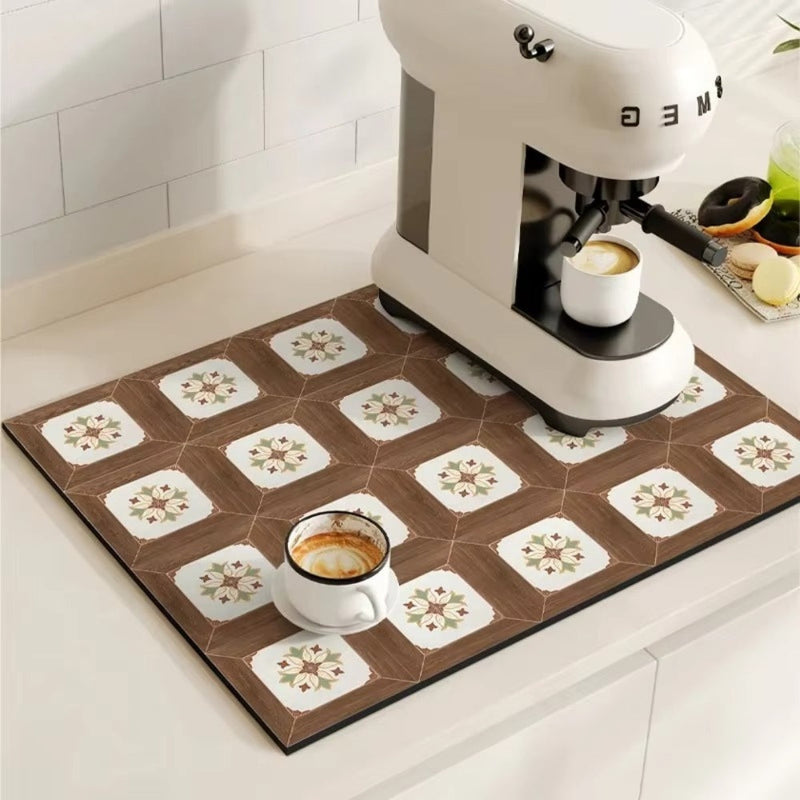 Kitchen dish drying mat with decorative pattern - brown white
