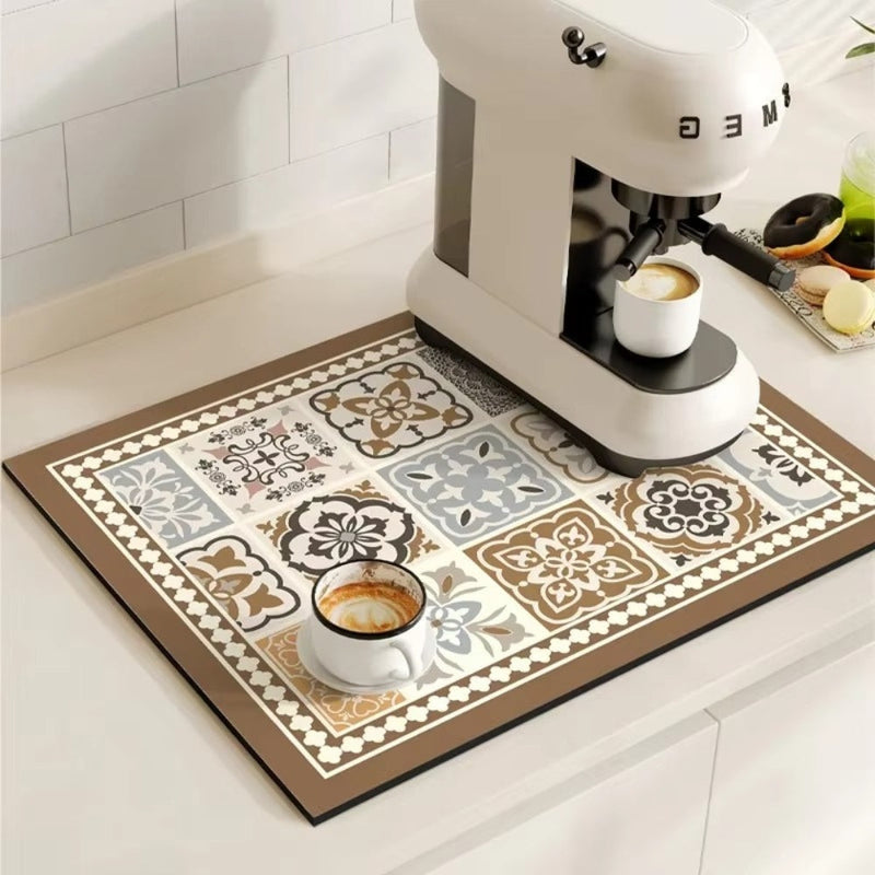 Kitchen dish drying mat with decorative pattern - taupe ash