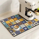 Kitchen dish drying mat with decorative pattern - blue yellow