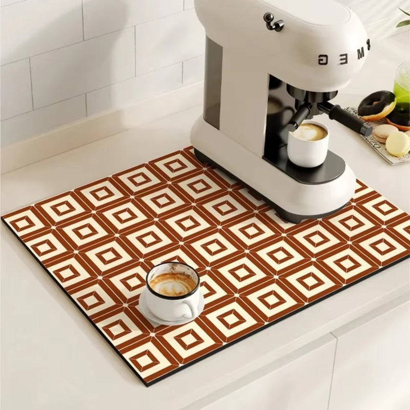 Kitchen dish drying mat with decorative pattern - cinnamon cream
