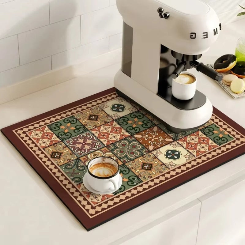 Kitchen dish drying mat with decorative pattern - moss terracotta