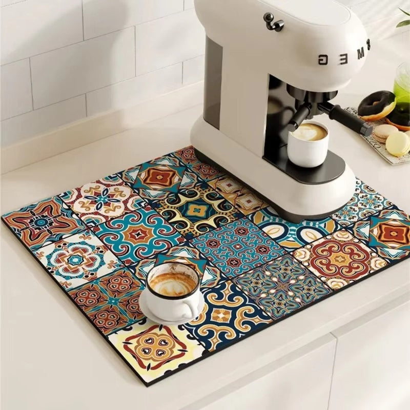 Kitchen dish drying mat with decorative pattern - aqua green mustard