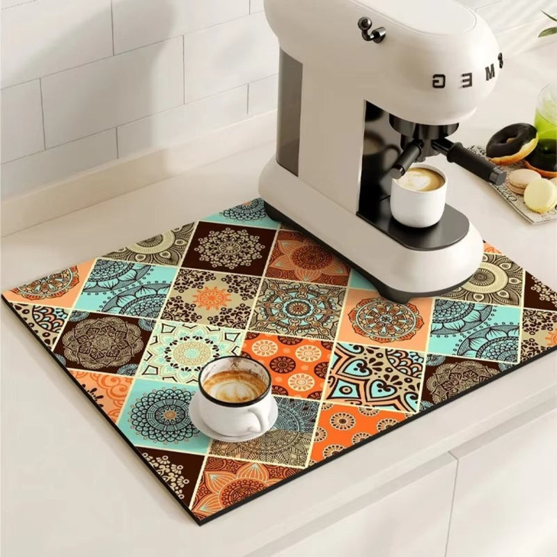 Kitchen dish drying mat with decorative pattern - turquoise terracotta