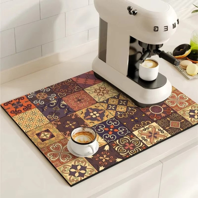 Kitchen dish drying mat with decorative pattern - plum sand