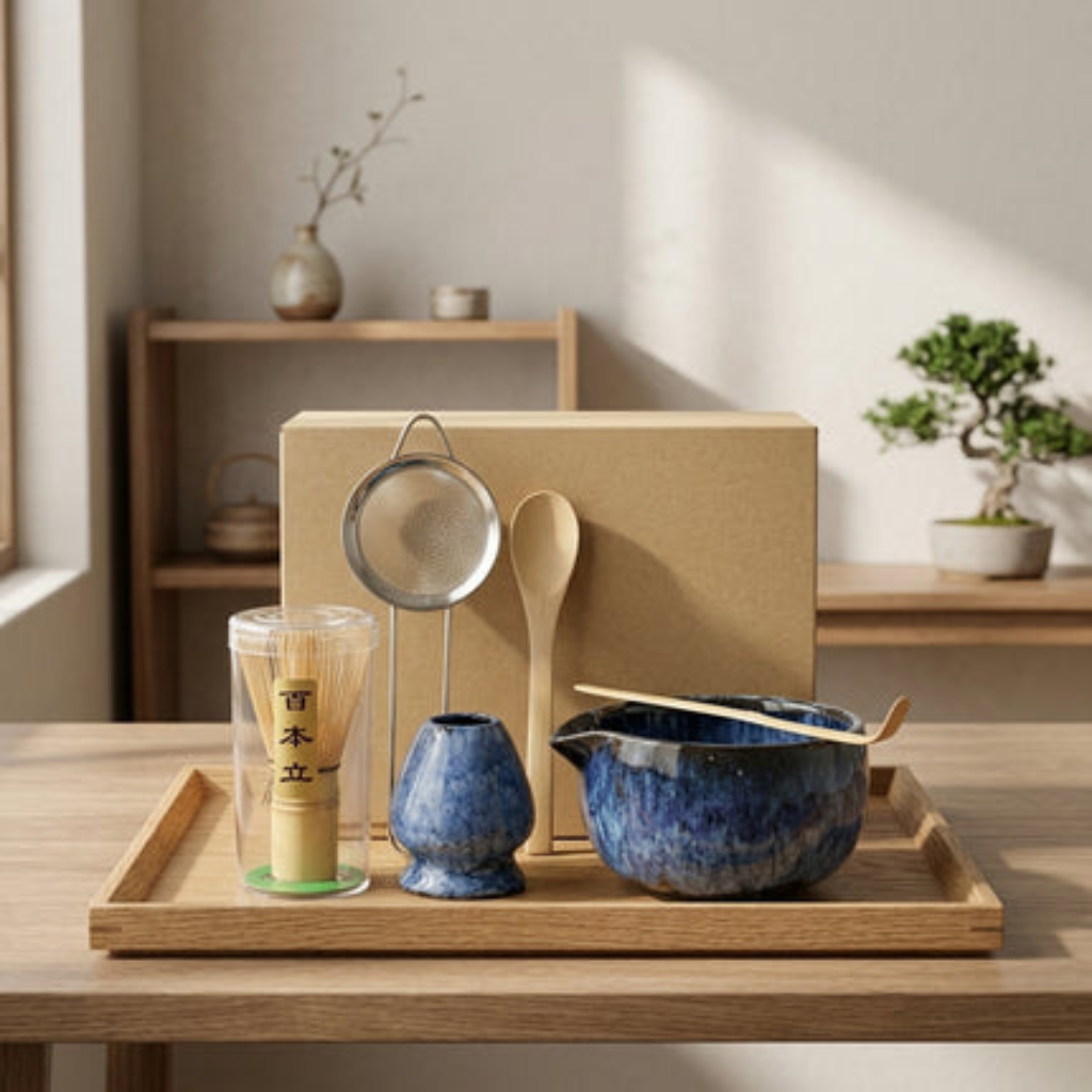 Matcha Tea Set Ceramic Bowls with Bamboo Whisk - blue 6 pieces