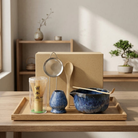 Matcha Tea Set Ceramic Bowls with Bamboo Whisk - blue 6 pieces