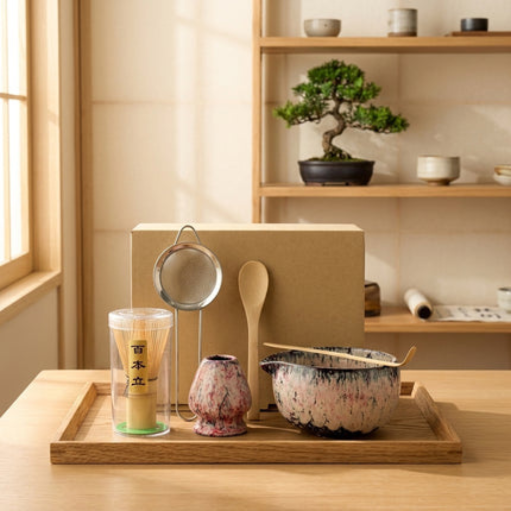 Matcha Tea Set Ceramic Bowls with Bamboo Whisk - pink 6 pieces