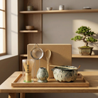 Matcha Tea Set Ceramic Bowls with Bamboo Whisk - light cyan 6 pieces