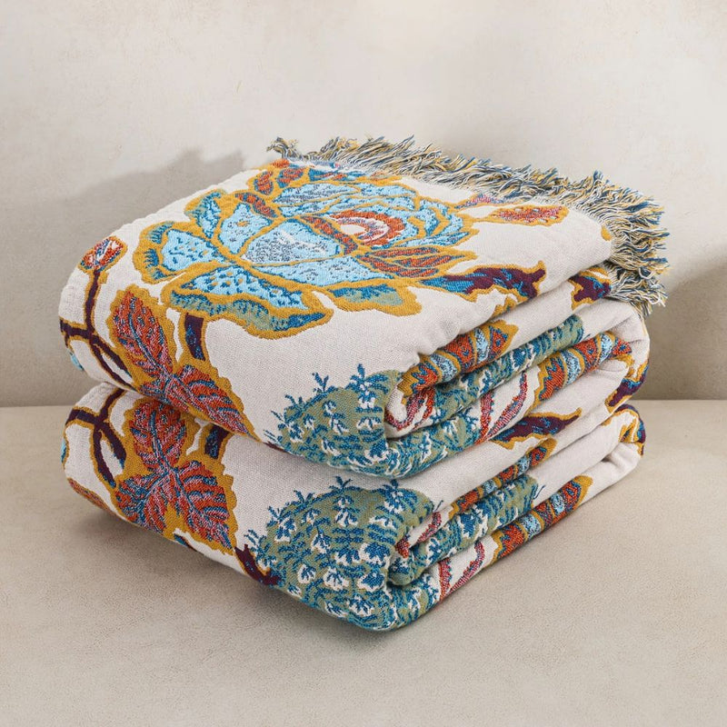 Throw Blanket with Floral Pattern and Fringed Edges