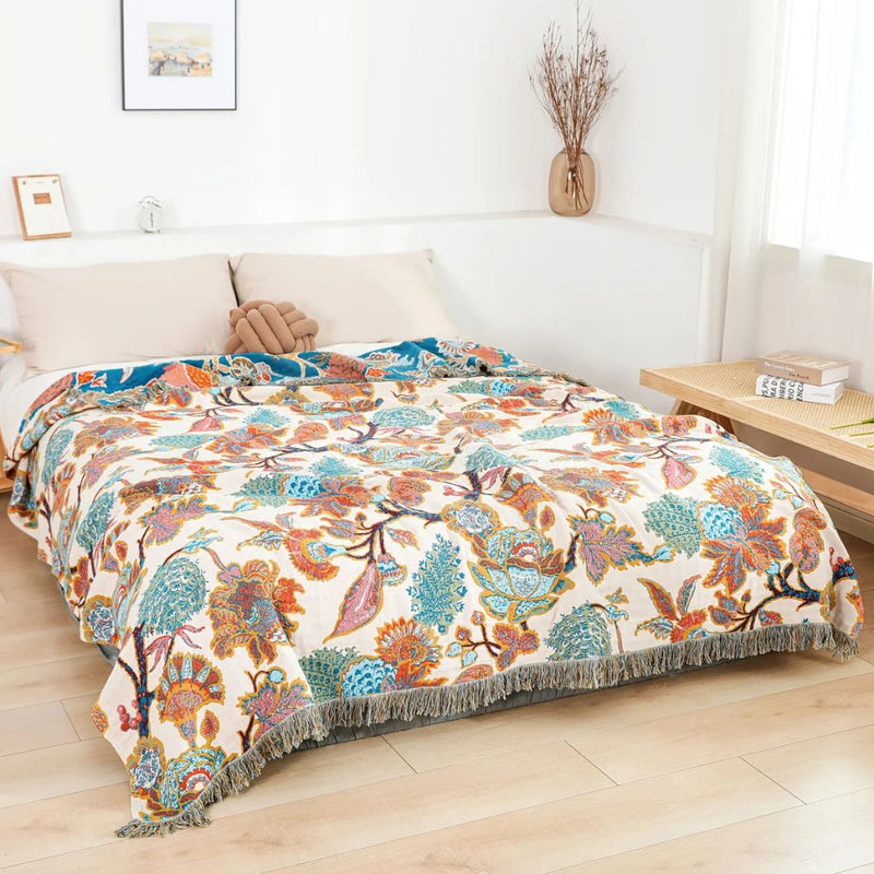 Throw Blanket with Floral Pattern and Fringed Edges