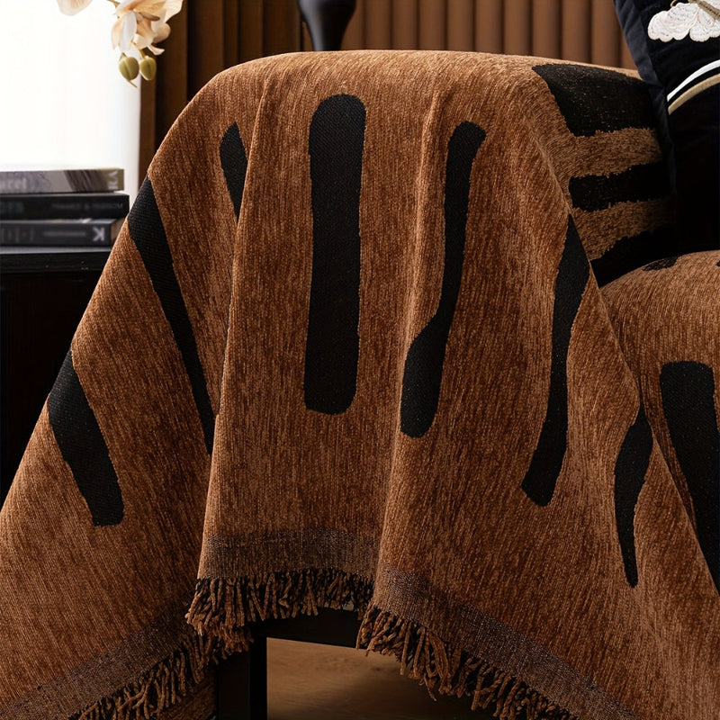 Sofa Cover with Geometric Pattern and Fringed Edges