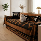 Sofa Cover with Geometric Pattern and Fringed Edges - garden motif