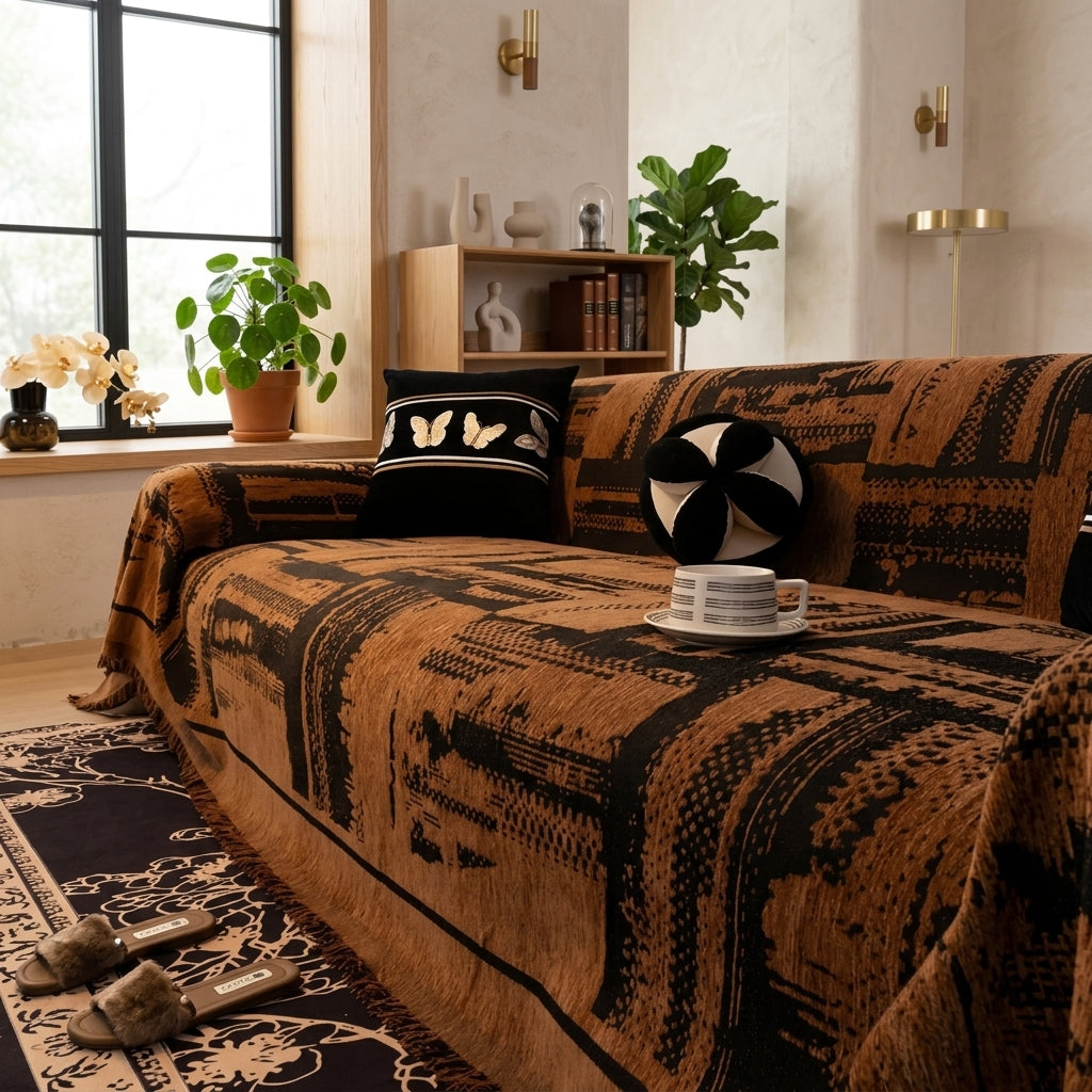 Sofa Cover with Geometric Pattern and Fringed Edges - intricate block